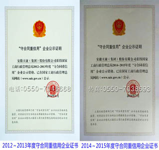 2012～2013年度守合同重信用企业证书/2014～2015年度守合同重信用企业证书